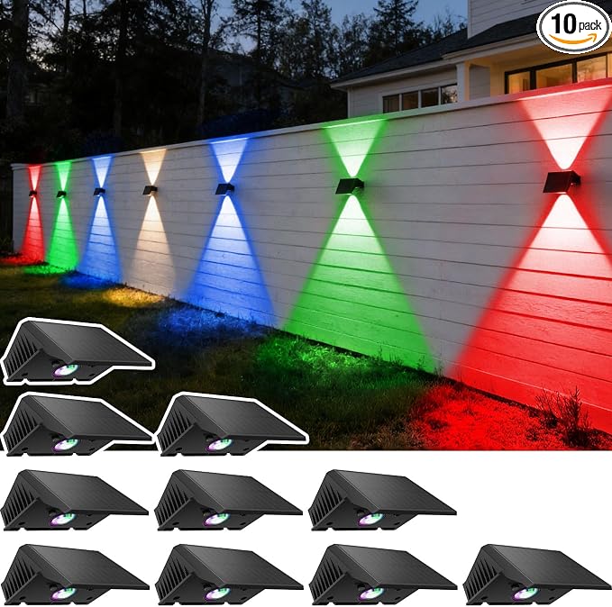 Solar Fence Lights Outdoor, 10 Pack White & RGB Up and Down Solar Wall Lights, IP67 Waterproof LED Dusk to Dawn Solar Powered Fence Lights for Patio, Backyard, Deck, Garden, Yard, Outdoor Wall Decor