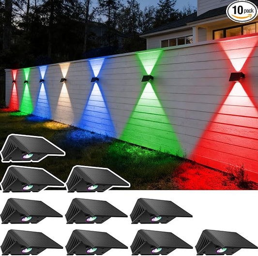 Solar Fence Lights Outdoor, 10 Pack White & RGB Up and Down Solar Wall Lights, IP67 Waterproof LED Dusk to Dawn Solar Powered Fence Lights for Patio, Backyard, Deck, Garden, Yard, Outdoor Wall Decor