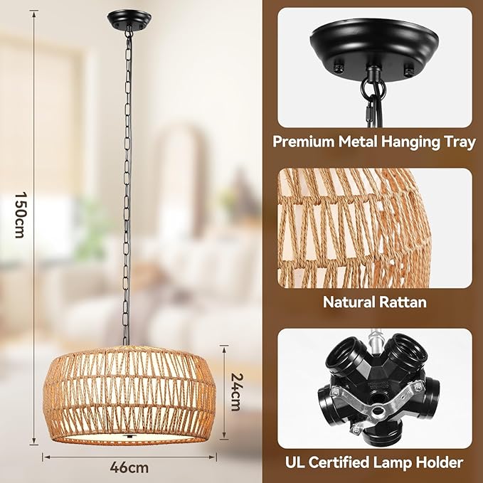 5-Light Farmhouse Rattan Chandelier with Fabric Shade, 18" Boho Woven Wicker Pendant Light for Living Room, Dining Room & Bedroom, Hand Woven Wicker Fixture (No Bulbs)