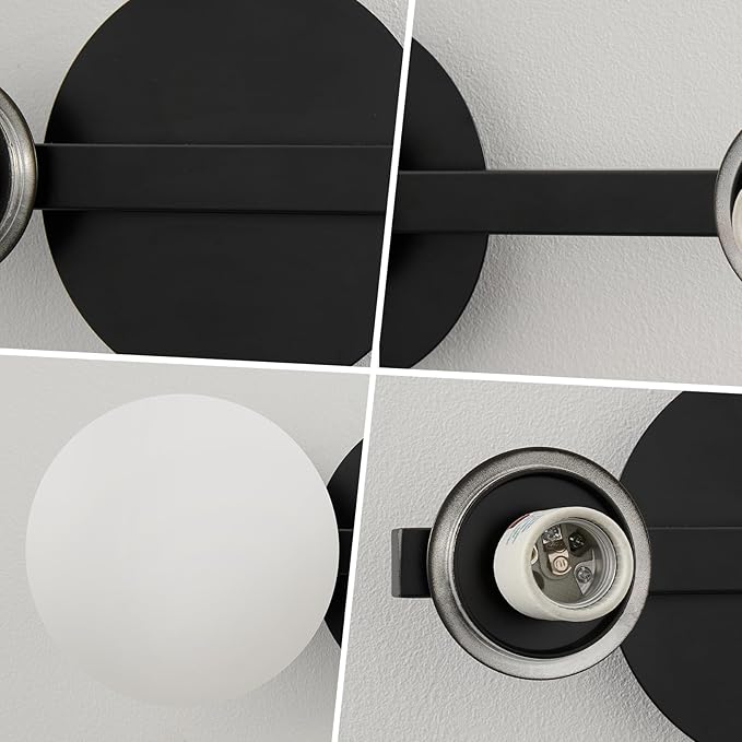 Black Bathroom Vanity Light Fixtures: Modern Wall Scones With 2 Milk Glass Shades - Globe Makeup Lighting Fixture over Mirror - Brass Ball Powder Room Vanities Lights for Hallway Bedroom Bulb Excluded
