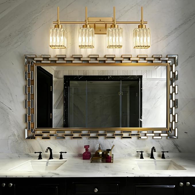 Torondo Modern Crystal Bathroom Vanity Light 4-Lights Brushed Gold Bathroom Light Fixtures Over Mirror Brushed Gold Vanity Lighting Fixtures Square Shade Brass Wall Sconce (Bulbs Not Include)