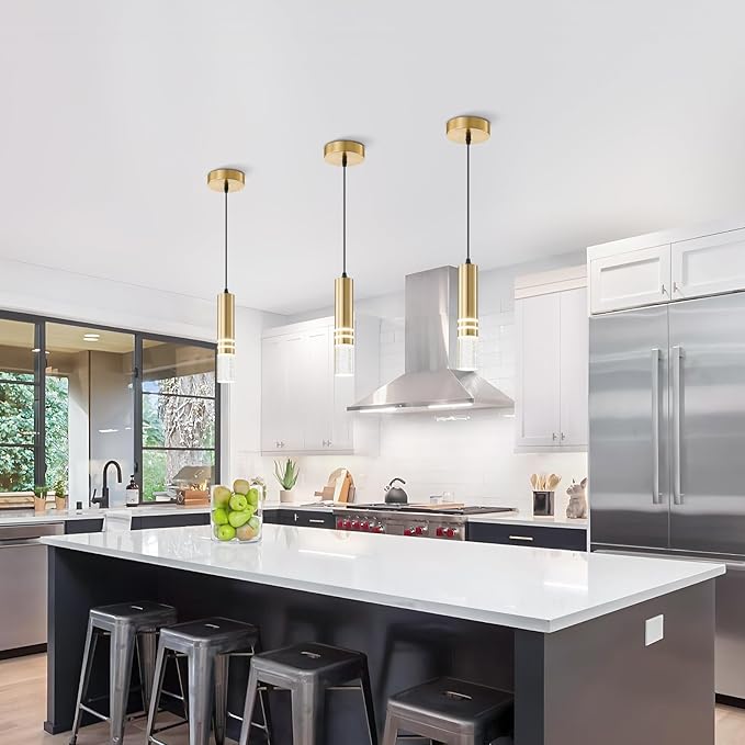 Modern Gold Pendant Light Fixtures(3-Pack) LED Pendant Lights for Kitchen Island Hanging Lamp Small Pendant Lighting for Bar, Kitchen Lighting Island Lights Gold Finish Ceiling Hanging Light