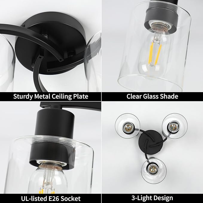 WILON Black Flush Mount Ceiling Light, Farmhouse Kitchen Lighting Fixtures Ceiling Mount, 3-Light Clear Glass Semi Flush Mount Ceiling Light Fixture for Hallway Entryway Foyer Bedroom Laundry Room