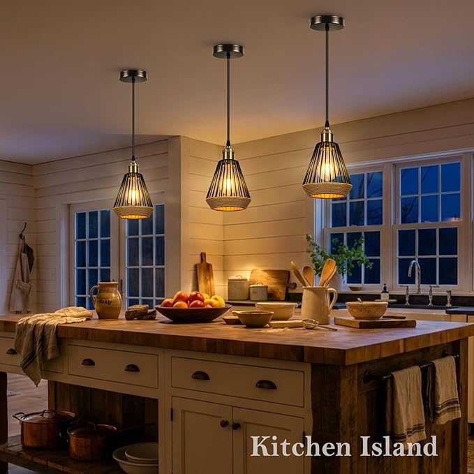 ropelux Pendant Lights Kitchen Island, Modern Kitchen Island Lighting, Adjustable Height Farmhouse Black Gold Brass Hanging Light Fixture for Living Room Sink Dinning Room Bedroom- 3 Pcs
