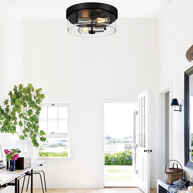 Flush Mount Ceiling Light Fixtures, 2-Light Black and Silver Ceiling Mount for Farmhouse with Seeded Glass Lampshade, Industrial Flush Mount Light Fixture for Hallway, Kitchen, Entryway and Foyer