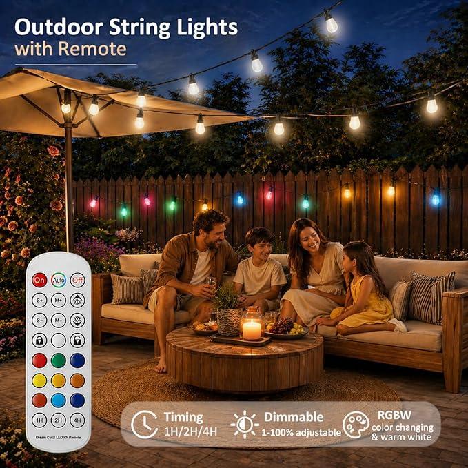 XHT Outdoor String Lights 49FT, Color Changing RGBW Patio String Lights with 15 LED Bulbs, App & Remote Control, IP66 Waterproof Shatterproof Backyard Lights