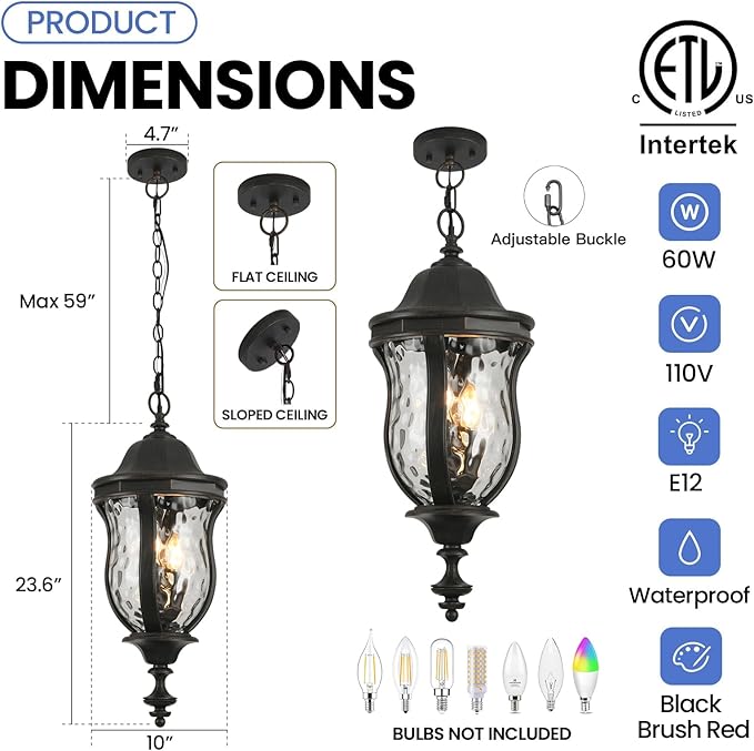 Large Outdoor Pendant Light Fixtures, 23.6'' Exterior Hanging Lantern Porch Light Adjustable, Black Brush Red Hanging Lamp Farmhouse Exterior Chandelier Ceiling Mount for Entrance Patio