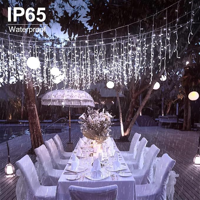 Sherno 1Pcs LED Solar String, 8 Modes Icicle Curtain Lights, Outdoor Fairy Lights for Christmas, Garden, Party Decoration (White, 137.8inch 96LEDs)
