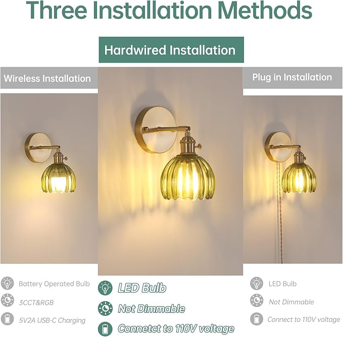 Shenmoyl Vintage Wall Sconces with Green Tulip Glass Lampshade 180 Degree Adjustable Brass Sconces Hradwired Modern Wall Lighting Fixture with Switch for Bedside Bedroom Doorway