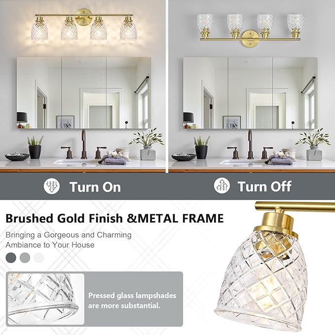 4-Light Bathroom Light Fixtures, Modern Brushed Gold Vanity Light Over Mirror, Wall Sconce with Clear Hammered Glass Shades, E26 Base (Bulbs Not Included)