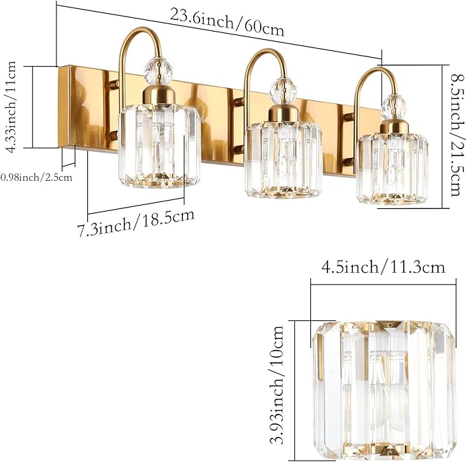 Ralbay Brass Gold Bathroom Vanity Lights 3-Lights Brass Gold Crystal Vanity Lights Over Mirror Modern Crystal Brass Gold Bathroom Vanity Lighting Fixtures