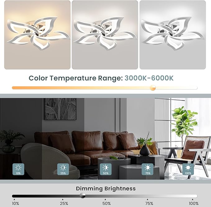 Modern Ceiling Light Fixture, 3000K-6000K Dimmable Flush Mount Ceiling Light with Remote Control, 45W Acrylic Chrome LED Ceiling Lights for Living Room, Bedroom, Dining Room,23.6In