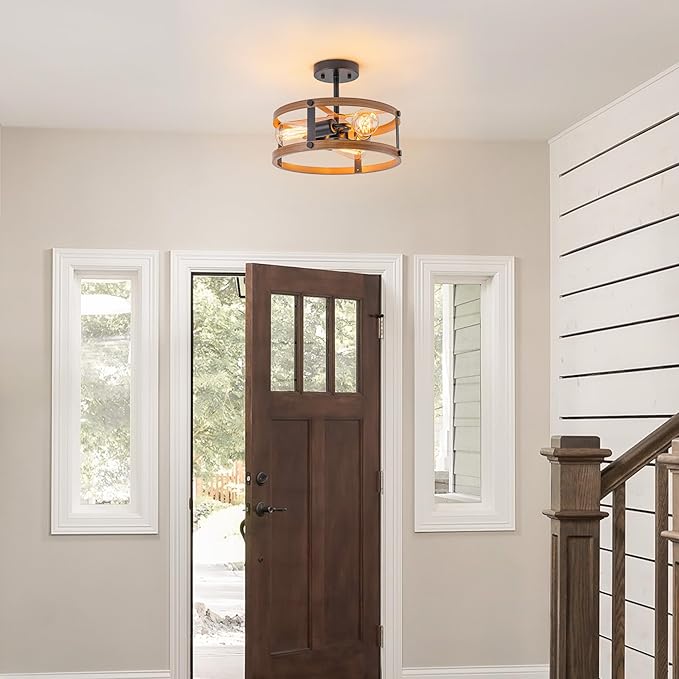Farmhouse Semi Flush Mount Ceiling Light Fixture, Rustic 3-Light Flush Mount Light Fixture with Wood Grain Finish, Retro Ceiling Lamp for Hallway Entryway Bedroom Dining Room