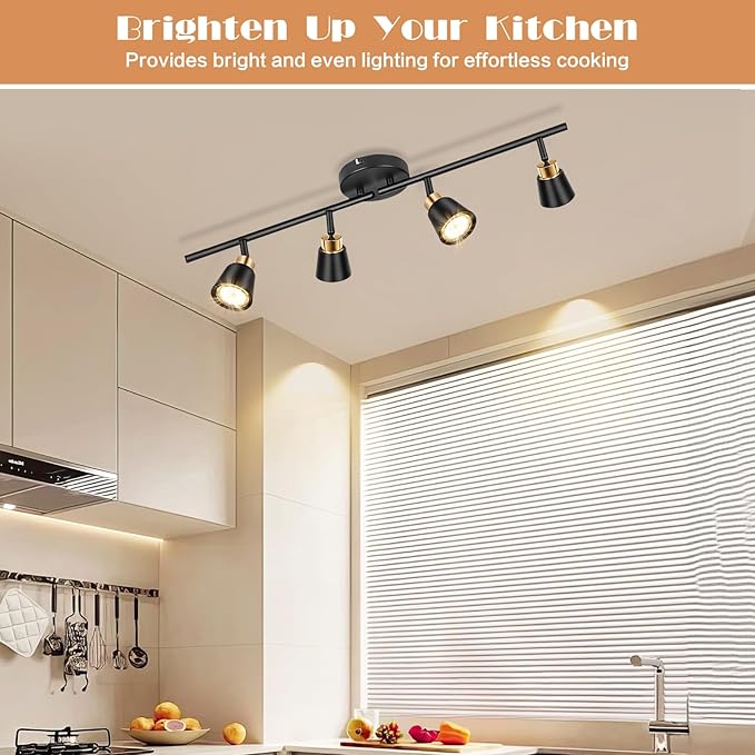 GORDNWE Track Lighting Fixtures Ceiling: LED Spot Lights Indoor 4 GU10 Flexible Heads Black Vintage Adjustable Compatible with Dimmable Bulbs Overhead Directional Lights Foldable for Kitchen Hallway