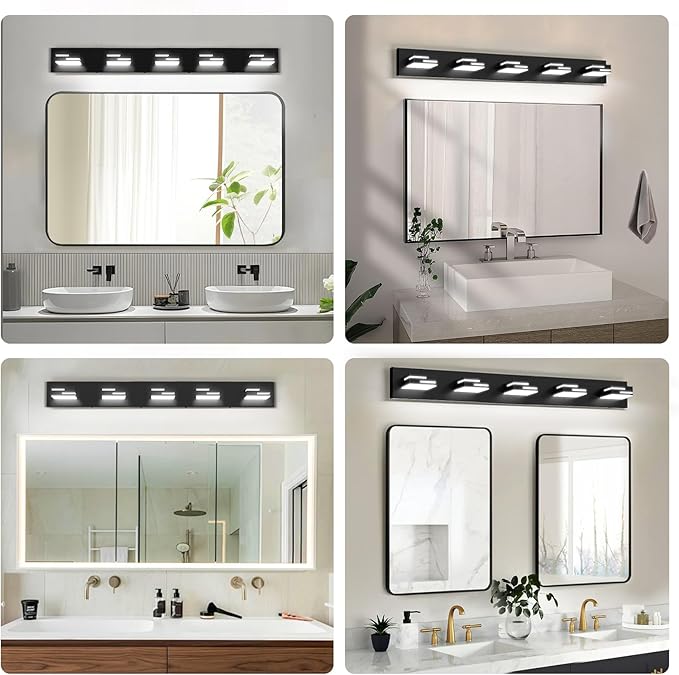 LED Modern Bathroom Vanity Light Fixtures, 5-Light 34-inch Dimmable Matte Black Vanity Lights for Bathroom Lighting Fixtures Over Mirror, with 360° Rotatable Acrylic Heads (Cool White 6000K)
