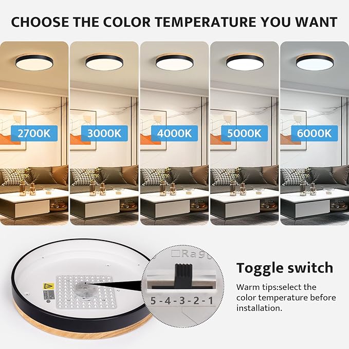 WOKNOS Modern Dimmable LED Close to Ceiling Light Minimalist Wood Oak Flush Mount Ceiling Light Fixture Circle Lighting for Bedroom Living Room Bathroom Laundry Room (Black, 15.7'')
