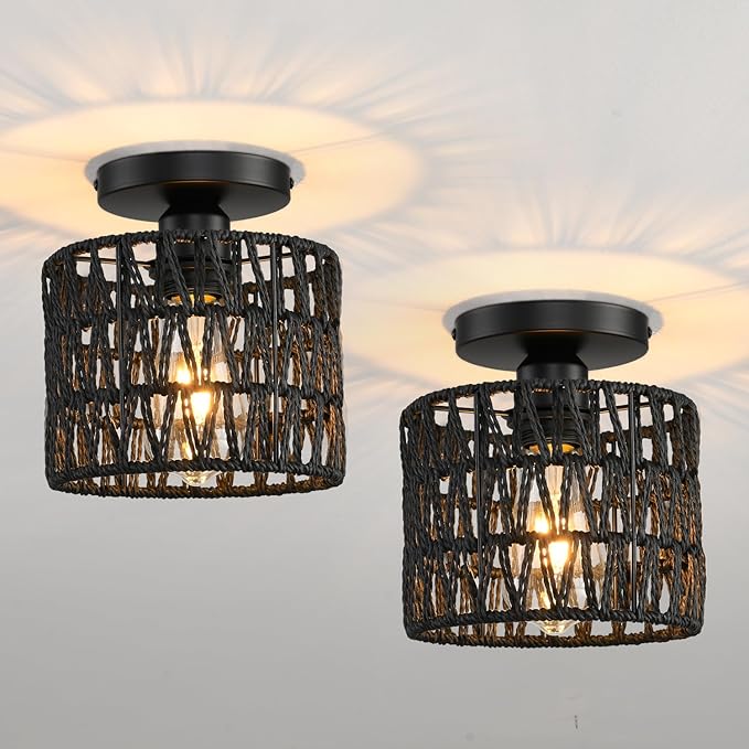 Ceiling Light Fixture,Hand-Woven Rattan Flush Mount Ceiling Light,Farmhouse Light Fixtures Ceiling Mount Boho for Hallway Bedroom Kitchen Entryway Living Room
