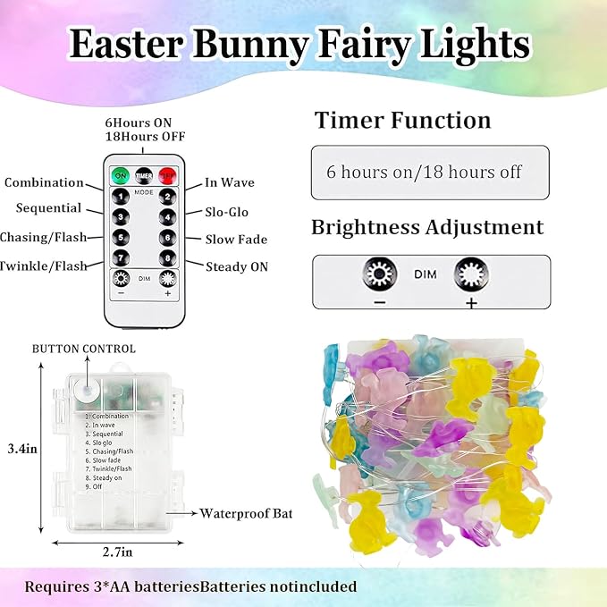 EXF Easter Decorations Bunny Pastel Fairy Lights, Battery Operated with Remote & 8 Modes & Timer, Waterproof Easter String Lights for Indoor Spring Themed Party Decor (Multi Color)