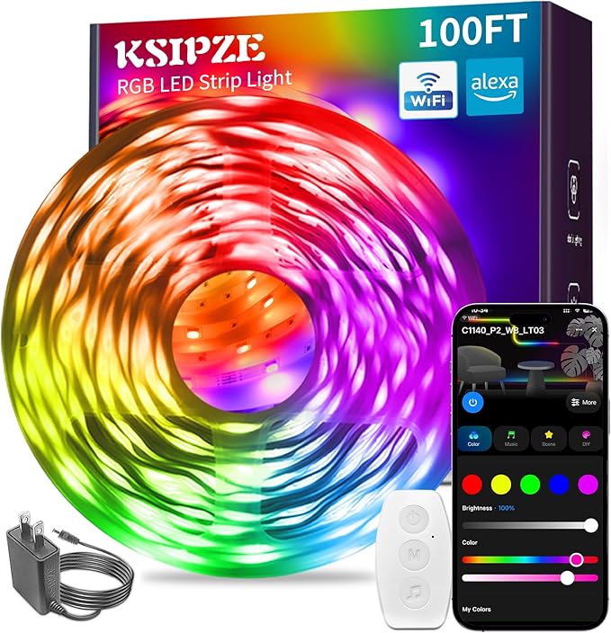 KSIPZE 100FT LED Strip Lights, RGB LED Lights for Bedroom, Smart APP Control LED Lights, Music Sync, DIY Multiple Colors, Flexible Color Changing LED Strip Lighting for Home Room Decor