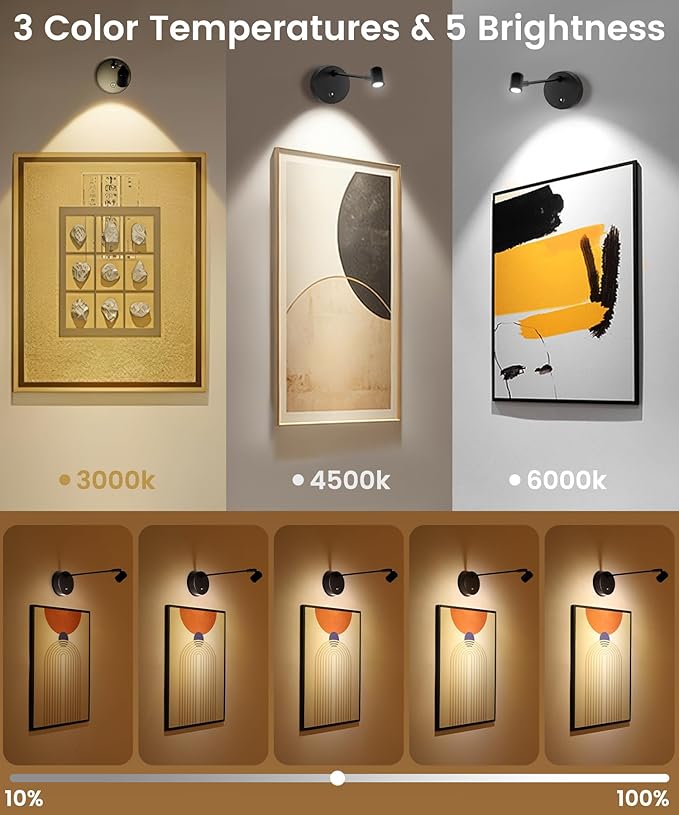 Magnetic Picture Light for Wall,Battery Operated 3 Color LED Art Lighting for Paintings, Wireless Rechargeable Dimmable Poster Lights,Remote Control Gallery Light with Timer, Black (2 Pack)