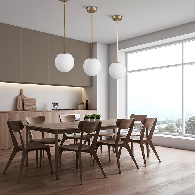 Mid Century Modern Pendant Light – 1-Light Gold Globe with White Glass Shade, Brushed Brass Finish, Adjustable Height for Sloped Ceilings, Hanging Light for Kitchen Island