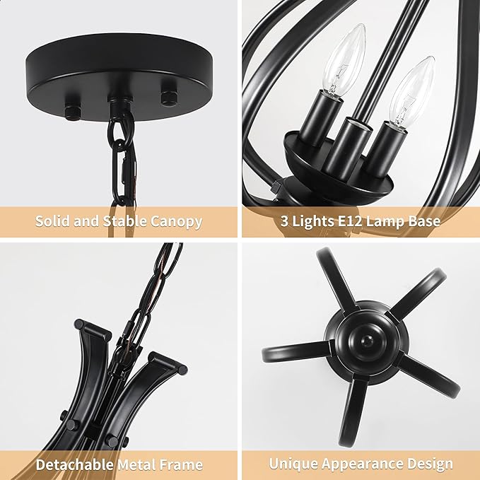 10.63" Black Chandelier 3-Lights Modern Farmhouse Chandeliers for Dining Room Light Fixtures Rustic Metal Industrial Vintage Adjustable Pendant Light Fixture for Foyer Kitchen Entryway Hallway E12