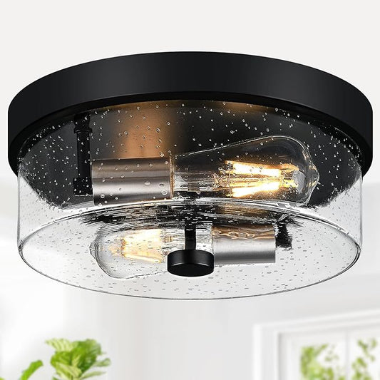 Flush Mount Ceiling Light Fixtures, 2-Light Black and Silver Ceiling Mount for Farmhouse with Seeded Glass Lampshade, Industrial Flush Mount Light Fixture for Hallway, Kitchen, Entryway and Foyer