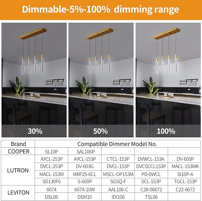 Kitchen Island Lighting Modern Light Fixture Kitchen Island Pendant Light Dimmable LED Gold Brass Finish Mini Pendant Lighting Dinning Room Living Room Kitchen Pendant Lights（4-Light）