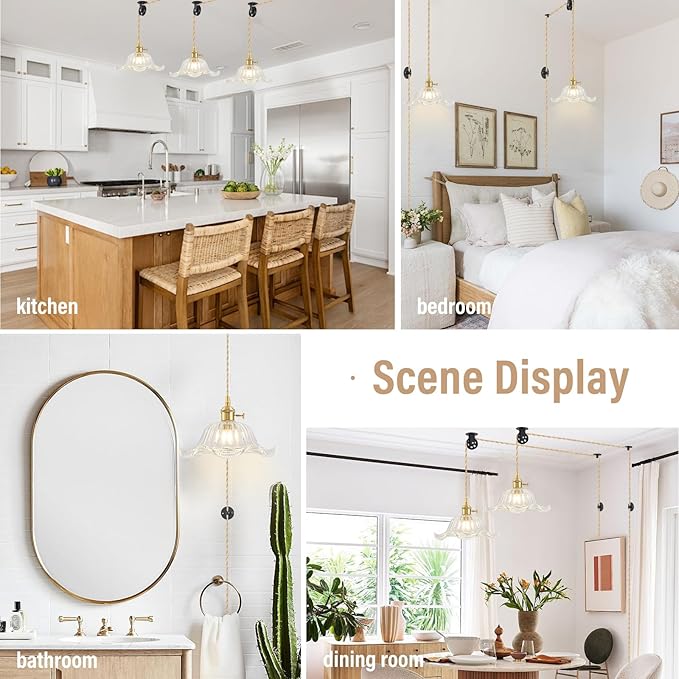 Plug in Pendant Light Vintage 2 Pack, Adjustable Pulley Hanging Lamp with Clear Lily Glass Shade, Brass Hanging Lights with Plug in Cord, Gold Hanging Pendant Light for Bedroom Living Room Kitchen