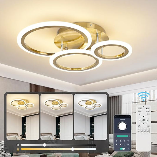 Dimmable Modern Led Ceiling Light 3 Rings 35W Dimming Circle Modern Living Room Light Fixture Gold Acrylic Flush Mount Ceiling Light with Remote for Bedroom Bathroom Kitchen Balcony Corridor