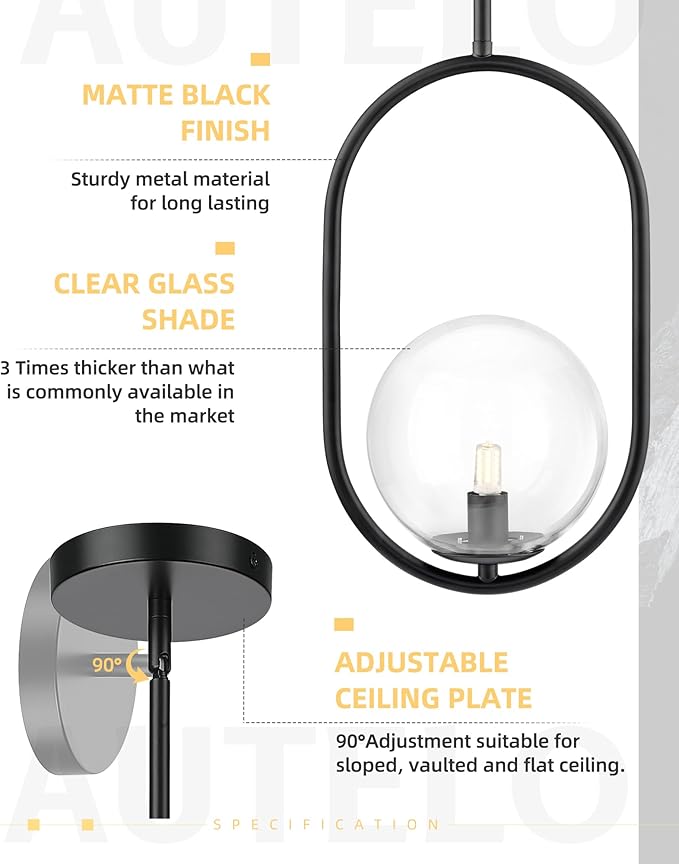 AUTELO 1-Light Matte Black Pendant Lights Kitchen Island, Kitchen Pendant Lighting Over Island with Clear Globe Glass, Black Hanging Lamp with Adjustable Rod for Kitchen Island H9376 CLBK