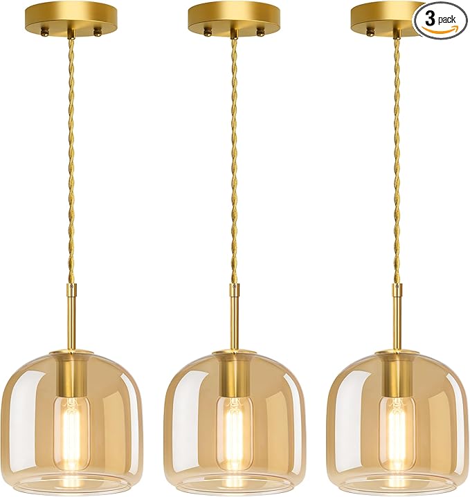 Pendant Lights 3 Pack,Pendant Kitchen Island Light with Amber Glass Shade,Gold Pendant Light Adjustable Hanging Light for Dining Room,Kitchen Island,Hallway,Living Room and Coffee Shop