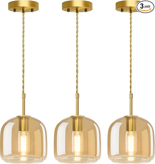 Pendant Lights 3 Pack,Pendant Kitchen Island Light with Amber Glass Shade,Gold Pendant Light Adjustable Hanging Light for Dining Room,Kitchen Island,Hallway,Living Room and Coffee Shop