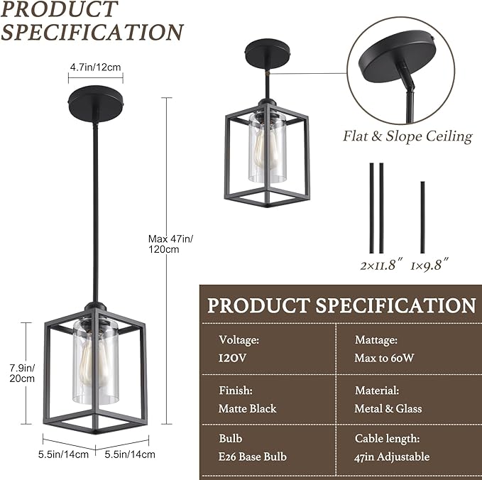 3 Pack Stem Rod Black Pendant Lights for Kitchen Island Industrial Lantern Pendant Light Fixtures with Clear Glass Shade, Farmhouse Adjustable Height Hanging Pendant Lighting