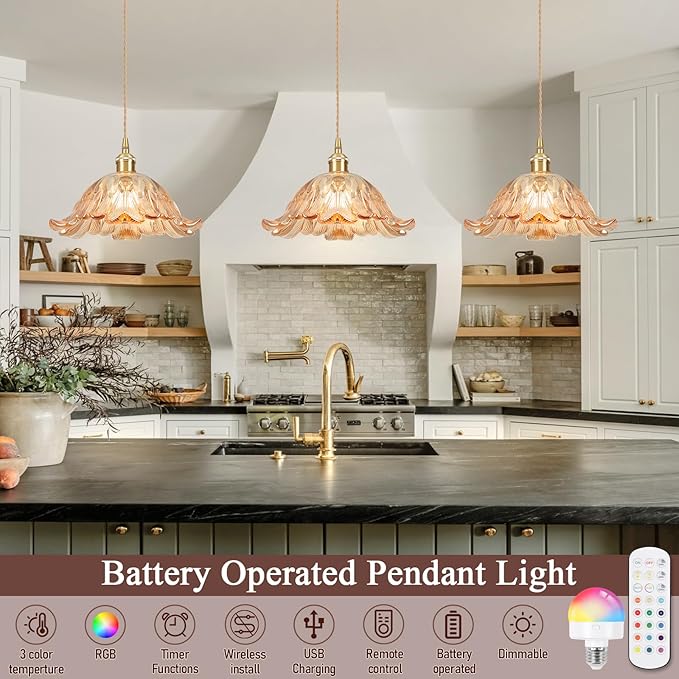 Battery Operated Pendant Light,Amber Chandelier RGB Light Bulb 2500mAh 11in Vintage Light Fixtures with Remote Control Wireless Adjustable Rechargeable Chandelier for Kitchen Island Hallway 2pack