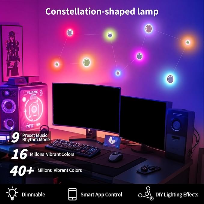 KANTUTOE Smart LED Wall Lights, 9-Piece RGB LED Light with App & Remote Control, TV Backlights, Music Sync, Color-Changing, Ambient Lighting for Gaming, Bedroom, Living Room and Home Decor