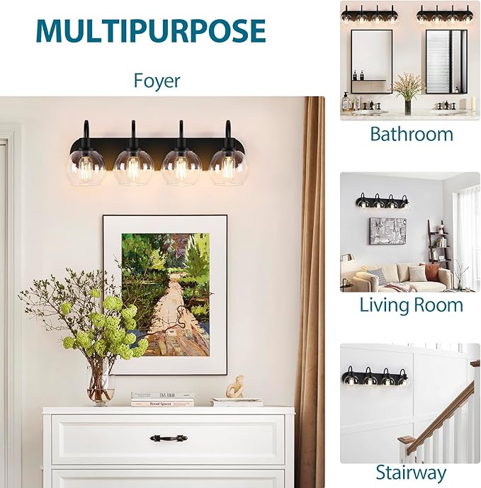 Dpyrrhic Industrial Bathroom Vanity Light， 4-Light Bathroom Lights Over Mirror with Clear Glass Globe Shade and Metal Base, Matte Black Bathroom Vanity Light Fixture