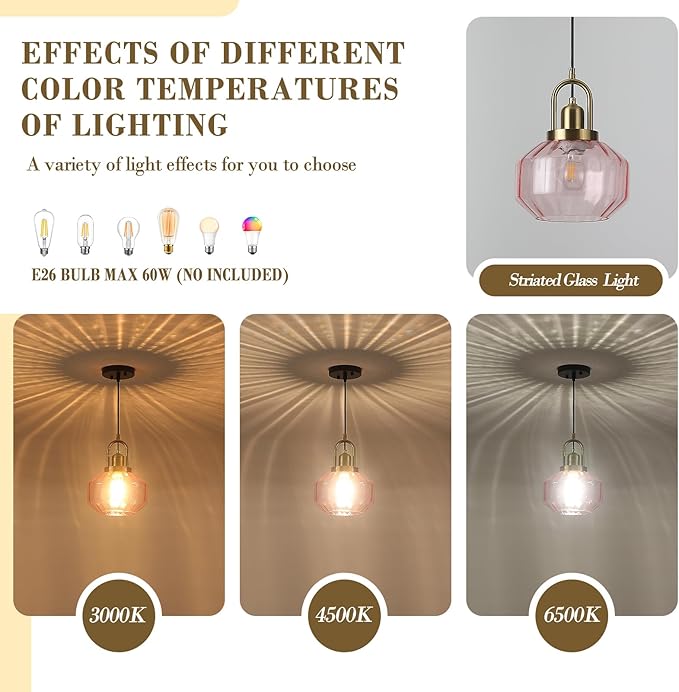 9in Mid Century Modern Pink Glass Pendant Light Fixture, Small Gold Kitchen Island Pendants Light Glass Ceiling Hanging Lamp for Foyer Dining Room Bedroom Entryway Hallway Over Sink