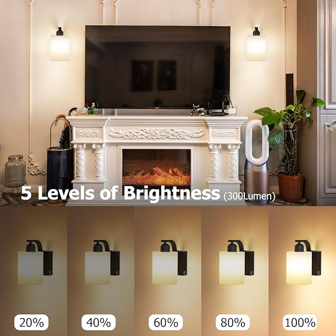 iThird 1 Pack Battery Operated Wall Sconces Lights: 6000mAh Rechargeable Wall Lights with Remote Control, Dimmable LED Wall Lamp Indoor, Black Wireless Scone Lighting for Bedroom Living Room Bathroom