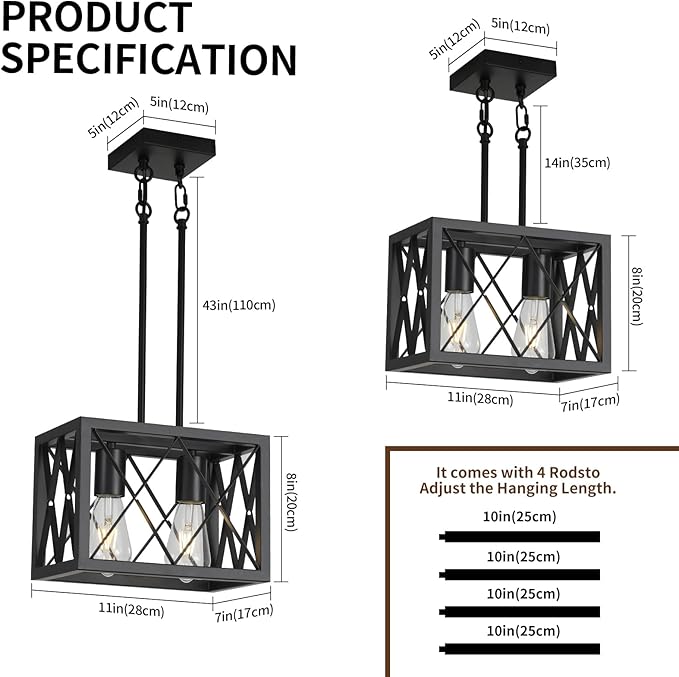 KEESFU Black Farmhouse Pendant Light, 2 Lights Small Kitchen Lighting Fixtures, Adjustable Height, Industrial Dining Room Light for Living Room Foyer Dining Table Over Sink.