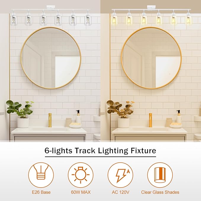 BoostArea White LED 6 Light Track Lighting Kit, 6 Way Ceiling Spot Lighting with Glass Lampshade, Flexibly Rotatable Light Head for Kitchen, Living Room, Bedroom, Bulb Not Included