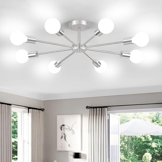 Lomoky 8-Lights Brushed Nickel Semi Flush Mount Ceiling Light Fixture, Modern Sputnik Hallway Light Fixtures Ceiling, E26 Close to Ceiling Lighting for Bedroom Dining Room Hallway
