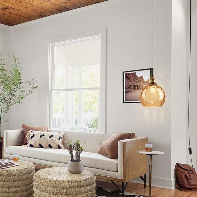 Amber Glass Plug in Pendant Light, Mid Century Gold Hanging Lamps for Living Room Bedroom, 7.8" Hammered Globe Vintage Hanging Light Fixture with Plug in Cord On/Off Switch