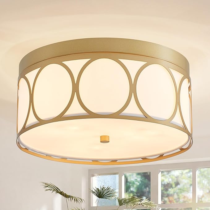 Modern Fabric Drum Ceiling Light, Flushmount Close to Ceiling Light Fixture for Living Room, Bedroom, Dining Room, Kitchen. D12 x 5in, Gold Finished Metal Frame, White Fabric Lampshade