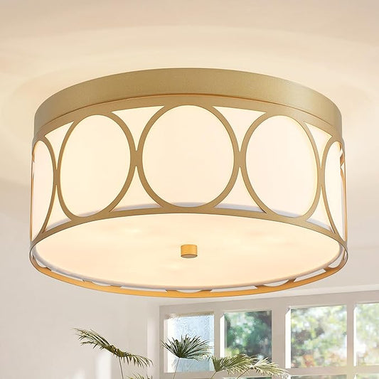 Modern Fabric Drum Ceiling Light, Flushmount Close to Ceiling Light Fixture for Living Room, Bedroom, Dining Room, Kitchen. D12 x 5in, Gold Finished Metal Frame, White Fabric Lampshade