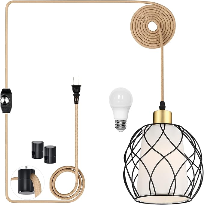 Ruzectt Plug in Pendant Light,Hanging Light with Plug in Cord,Black Hanging Lamp with Dimmable Switch,15 ft Golden Cotton Cord,Hanging Light Fixture for Kitchen Living Room Bedroom (Bulb Included)