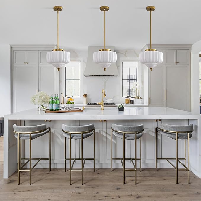 Glass Pendant Light, 13.78 inch Pendant Light Fixture with Milky White Floral Lightshade, Height Adjustable Brushed Gold Vintage Hanging Lamp for Dining Room Kitchen Island Bedroom Livingroom Entryway