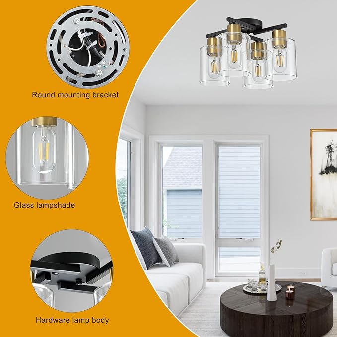 4-Light Semi Flush Mount Ceiling Light, Black and Gold Kitchen Lighting Fixtures Ceiling, Farmhouse Ceiling Light with Clear Glass Shade for Hallway, Living Room, Foyer, Bedroom