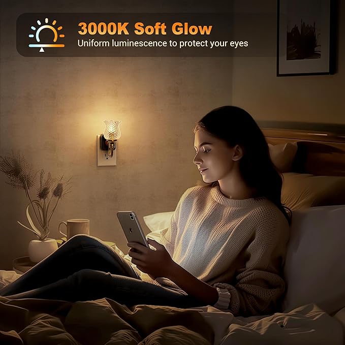 JandCase Night Light, 2 Pack Glass Night Lights Plug into Wall, Dimmble Floral LED Nightlight, 0-100 LM Flower Nightlights, Dusk to Dawn Sensor, 1W Vintage Nite Light for Bathroom Gift Vanity Decor