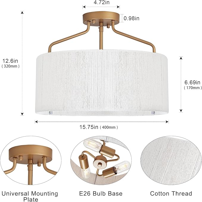 15.75" Gold Semi Flush Mount Ceiling Light Fixture 3-Light Drum Boho Light Fixture with Hand Woven Shade Kitchen Light Fixtures Coastal Chandelier for Bedroom Entryway Foyer Nursery Dining Room